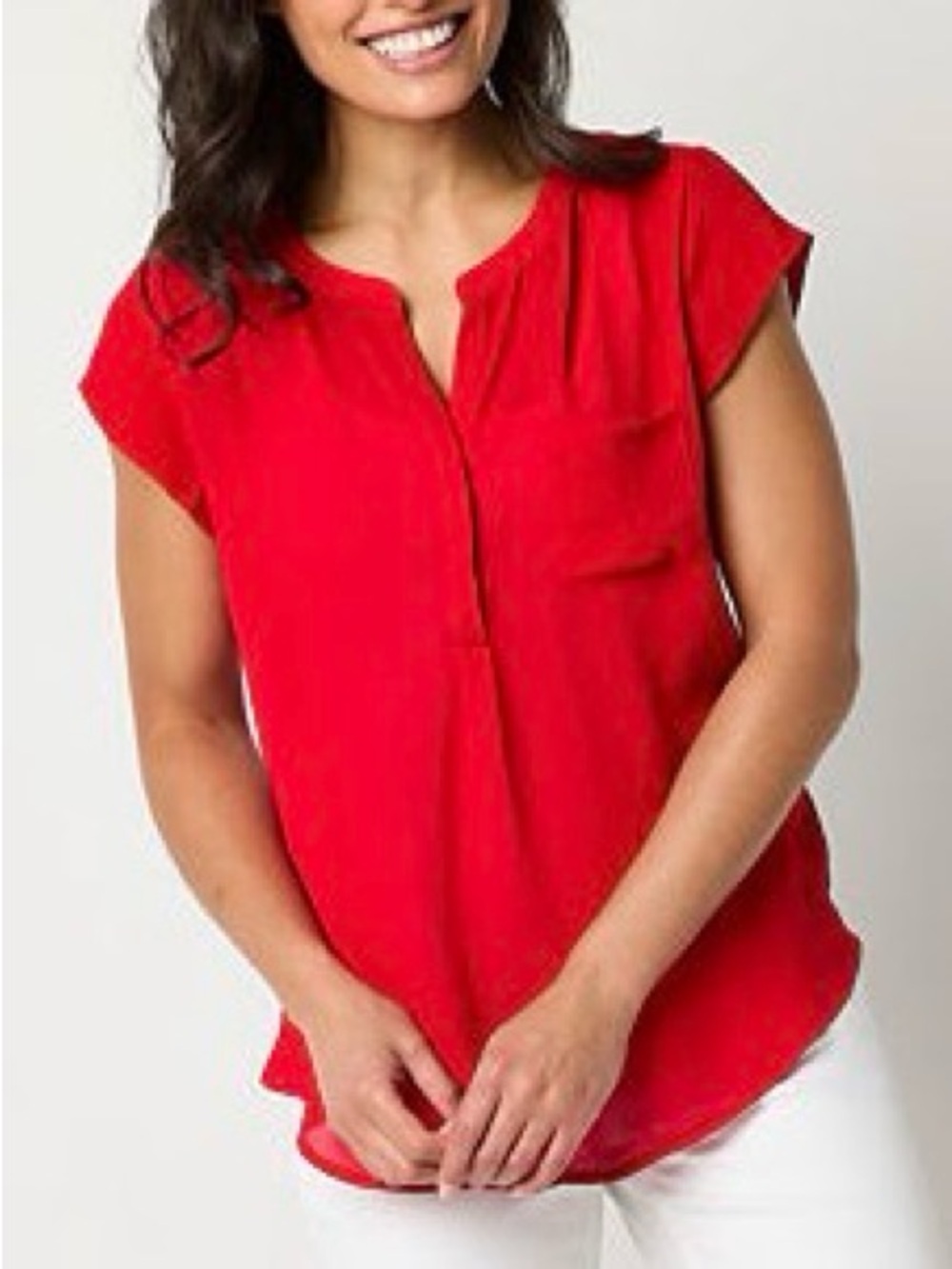 Liz Claiborne Bright Red Split-Neck Short Sleeve Blouse